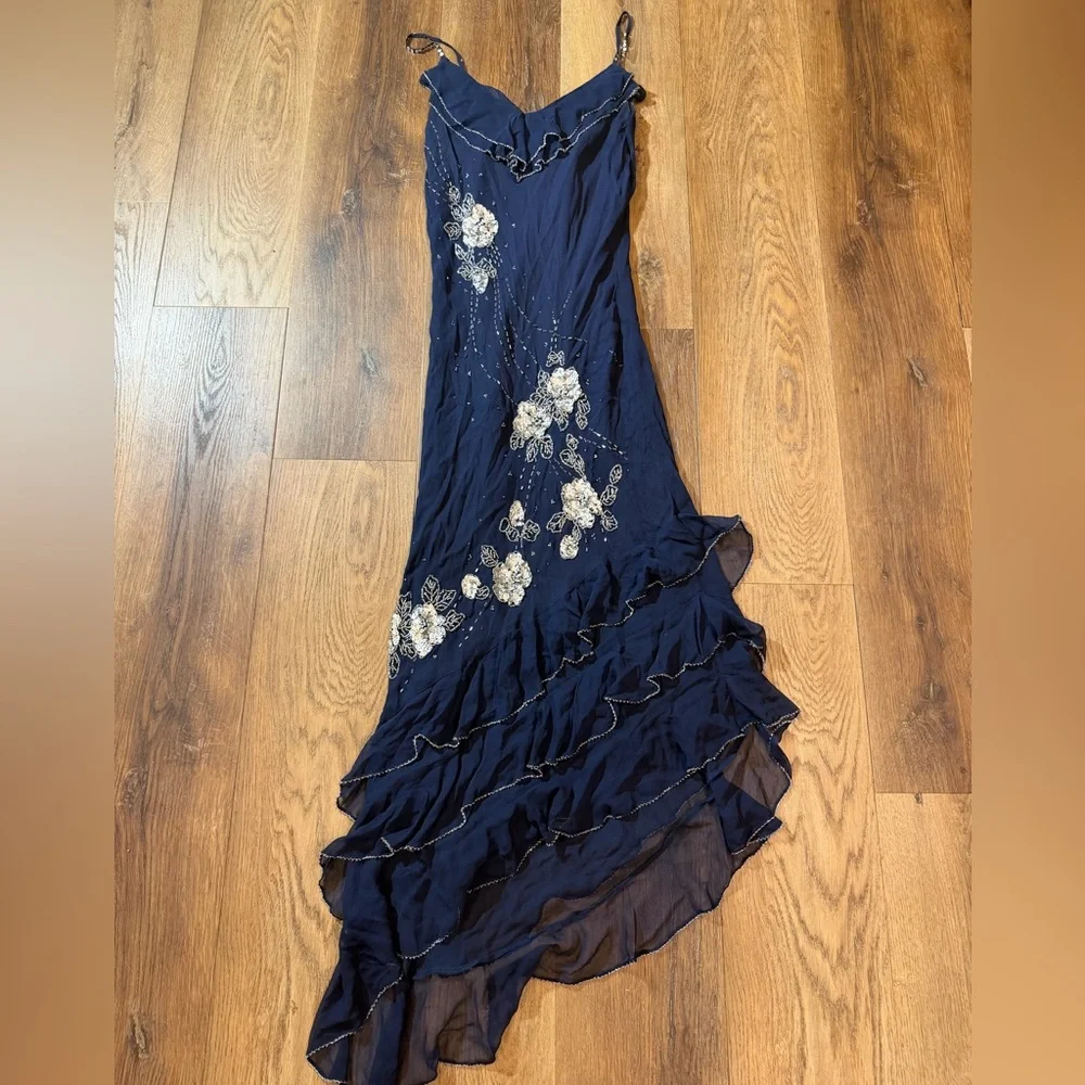 Vintage Y2K 100% Silk Beaded Dress Blue Floral Beaded Fairy Ruffle Prom Dress - Picture 15 of 16